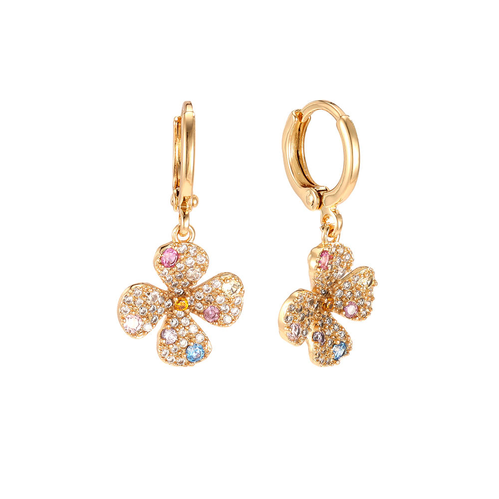 Gold-plated earrings, 28mm four-petalled zirconia flower  