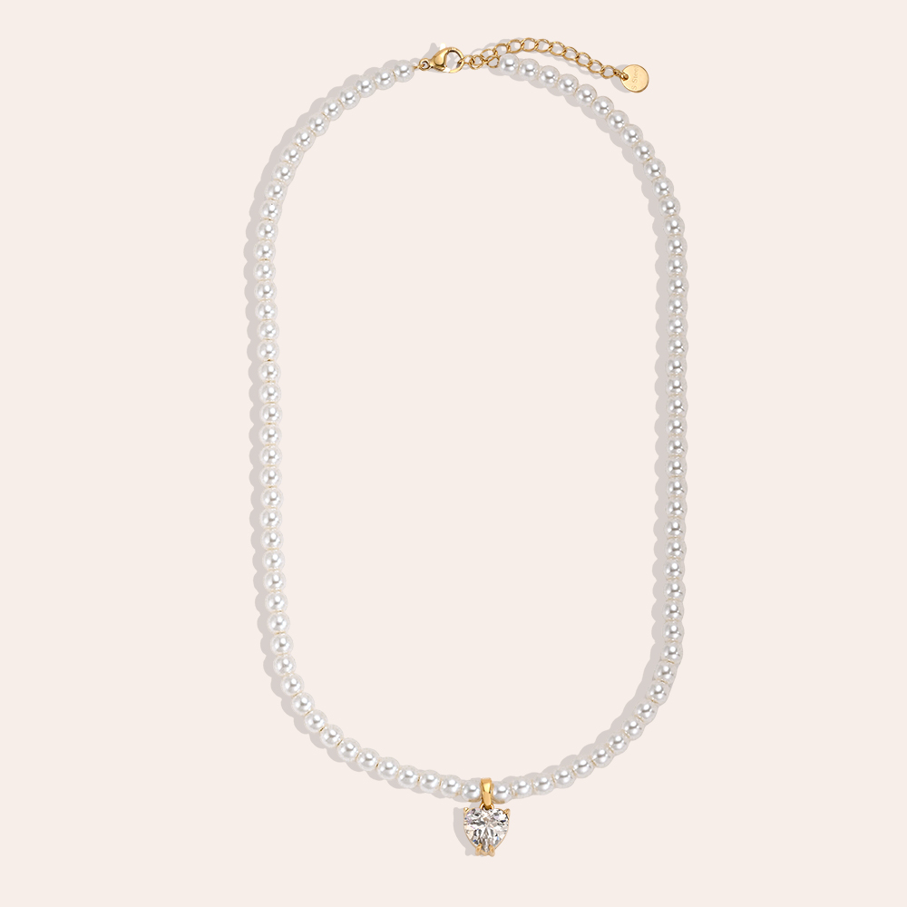 Stainless steel necklace, 39 cm, with a heart-shaped cubic zirconia and a pearl chain  