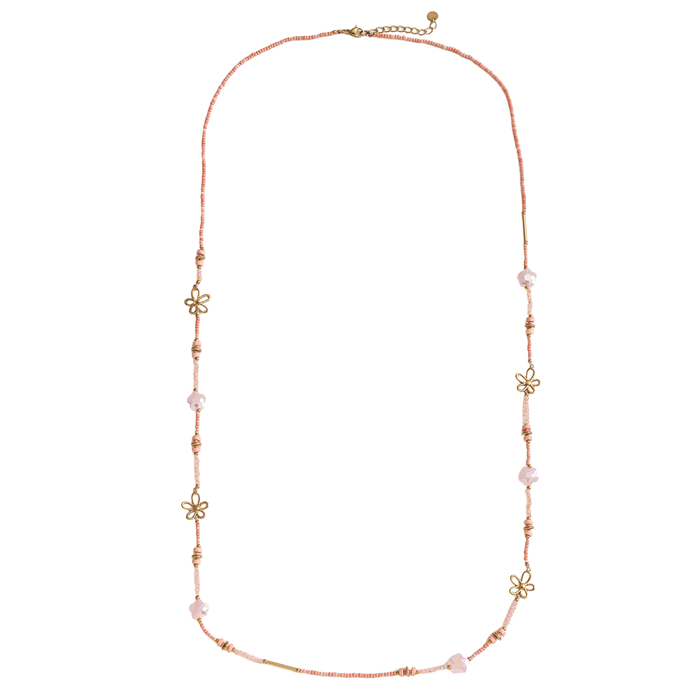 Stainless steel necklace 94cm small resin bead necklace with golden flowers
