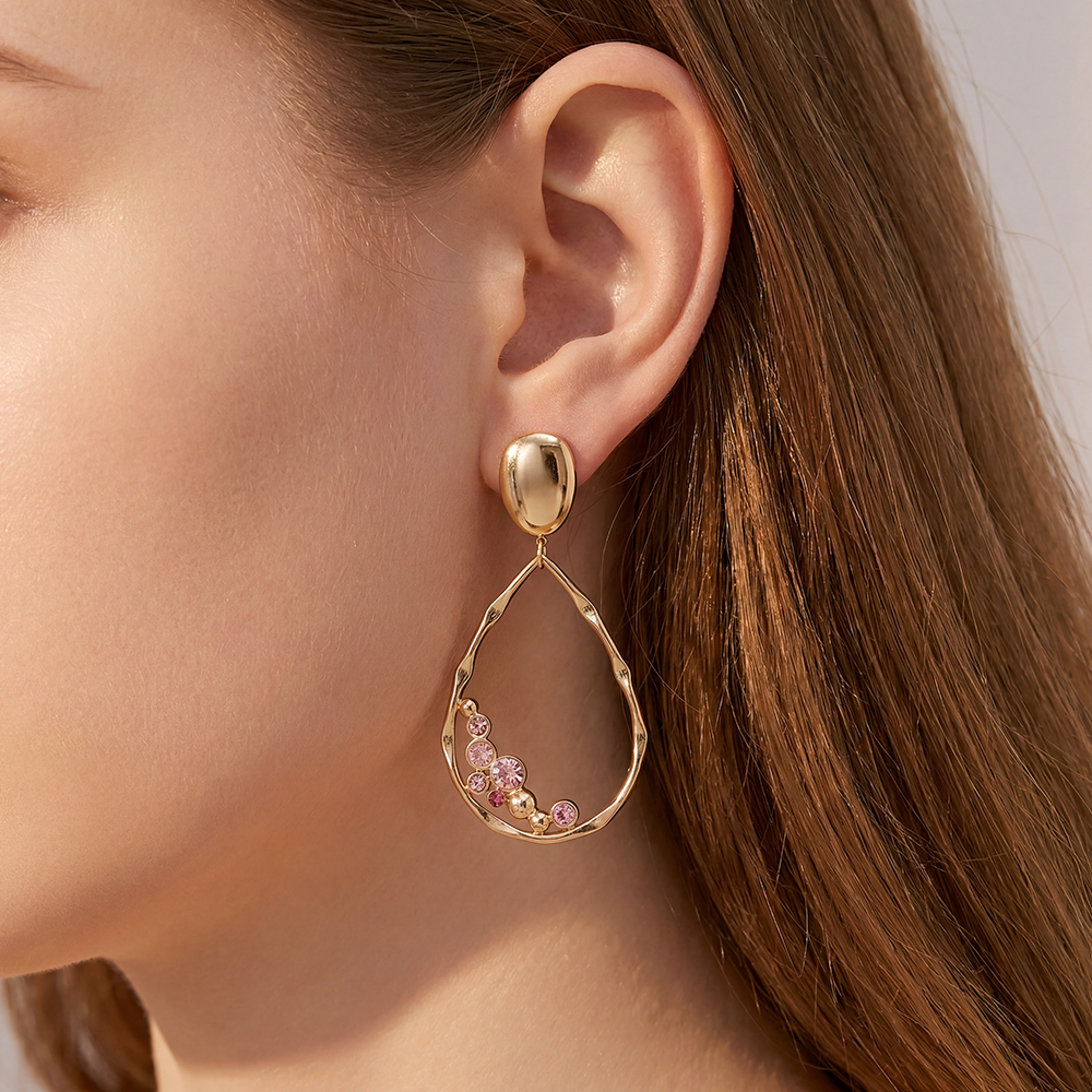 Stainless steel earrings, 65 × 30 mm, loop design, cubic zirconia