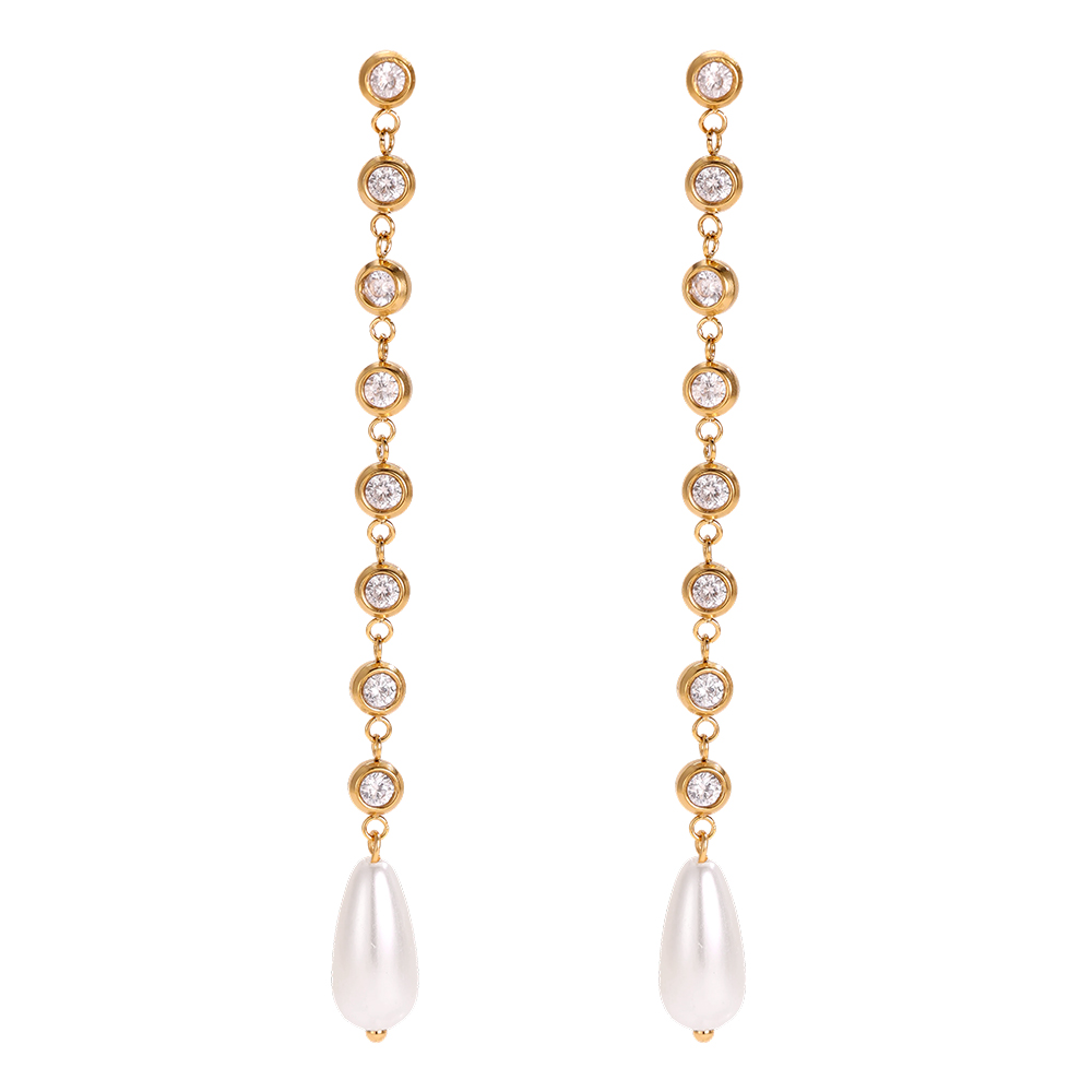 Stainless steel earrings, 8.9 × 8 mm, long pendant with a round rhinestone and a teardrop-shaped pearl