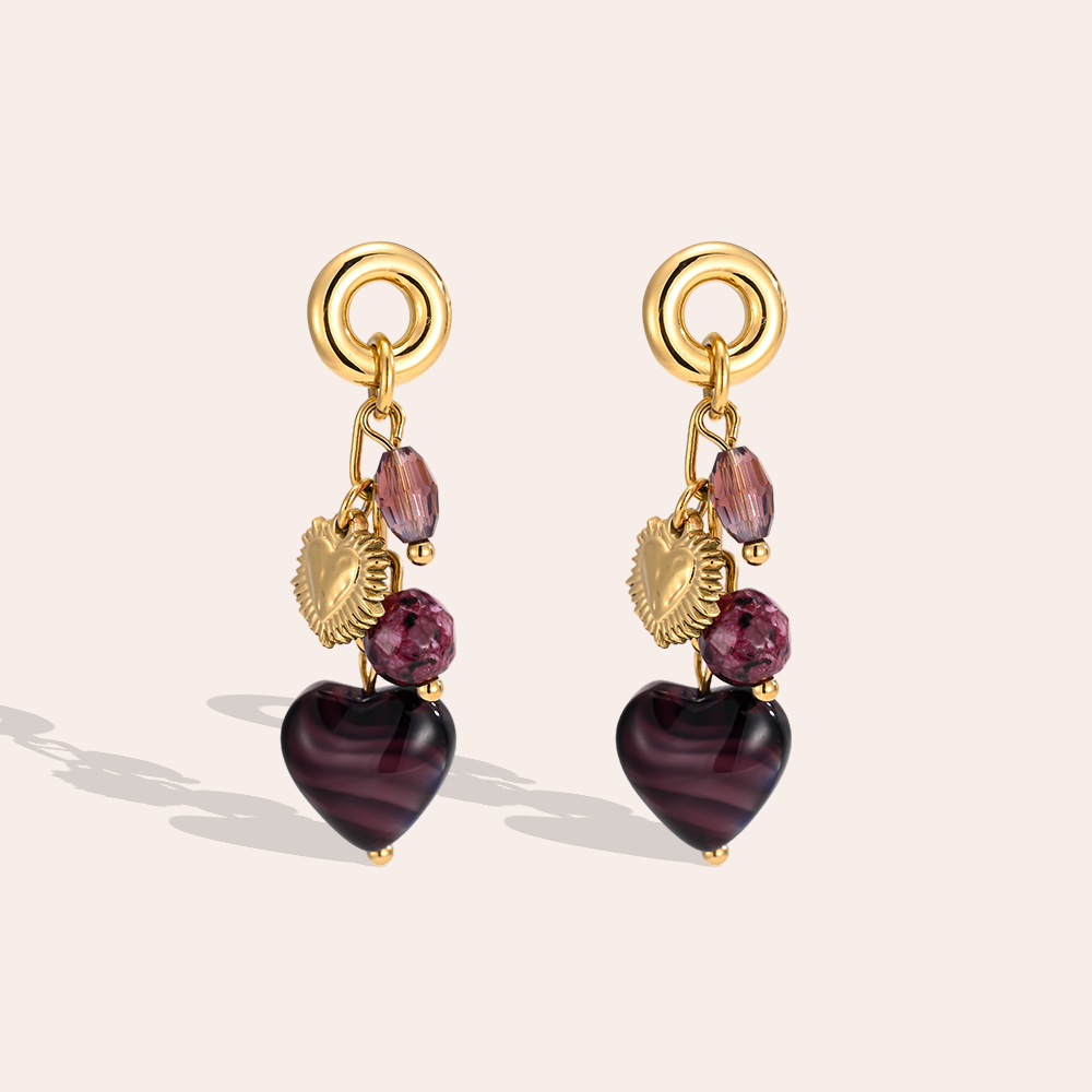Stainless steel earrings, 44 × 12 mm: gold hearts and a purple heart