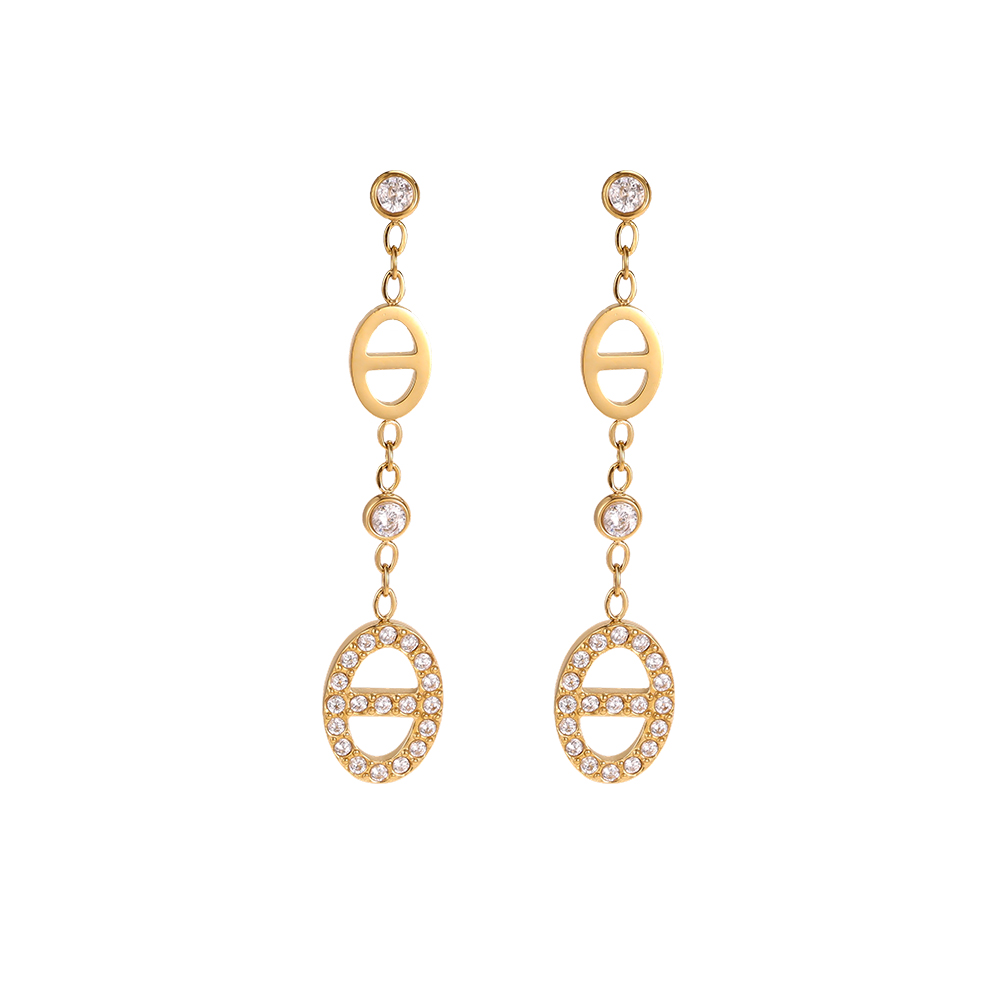 Stainless steel earrings, 37 × 7 mm, oval-shaped cubic zirconia, left-hand pair 