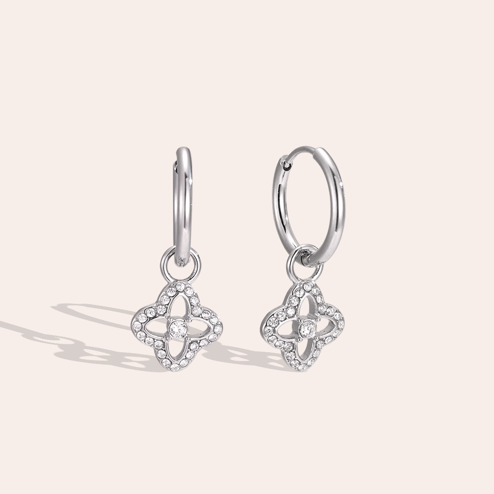 Stainless steel earrings, 25mm, with delicate cubic zirconia in a cloverleaf design