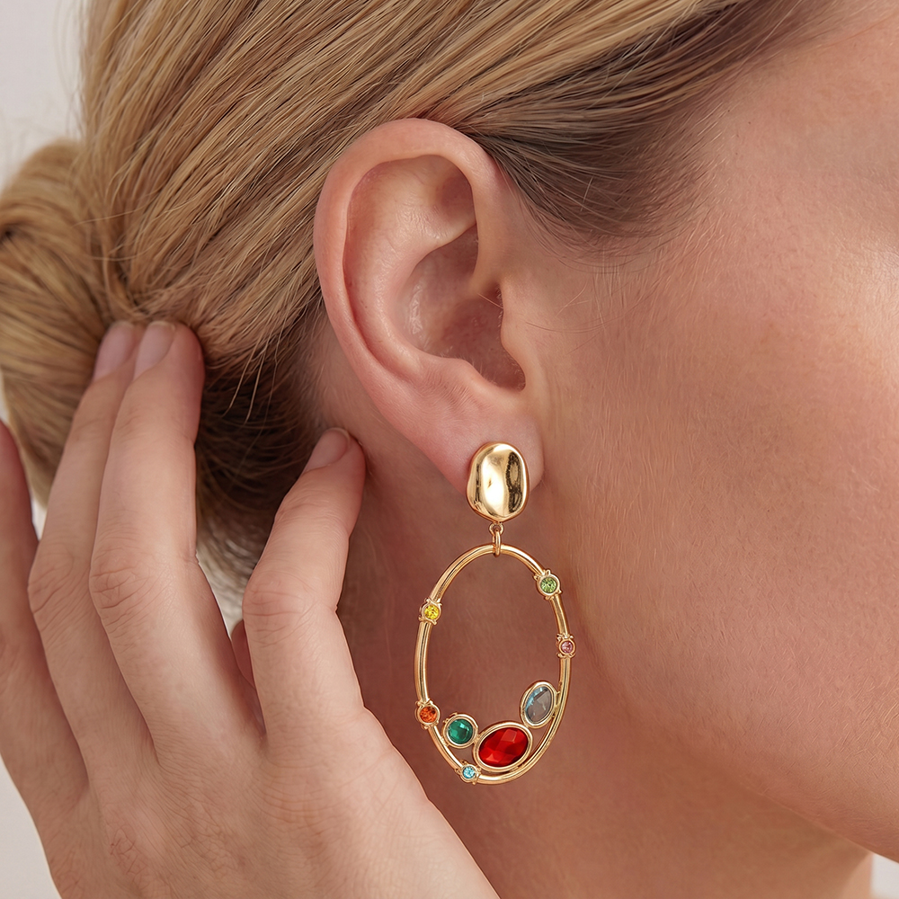 Stainless steel earrings, 46 × 23 mm, loop design, multicoloured cubic zirconia