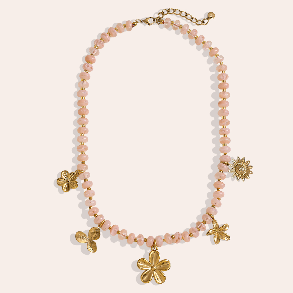 Stainless steel necklace 47cm small acrylic beads and golden flowers