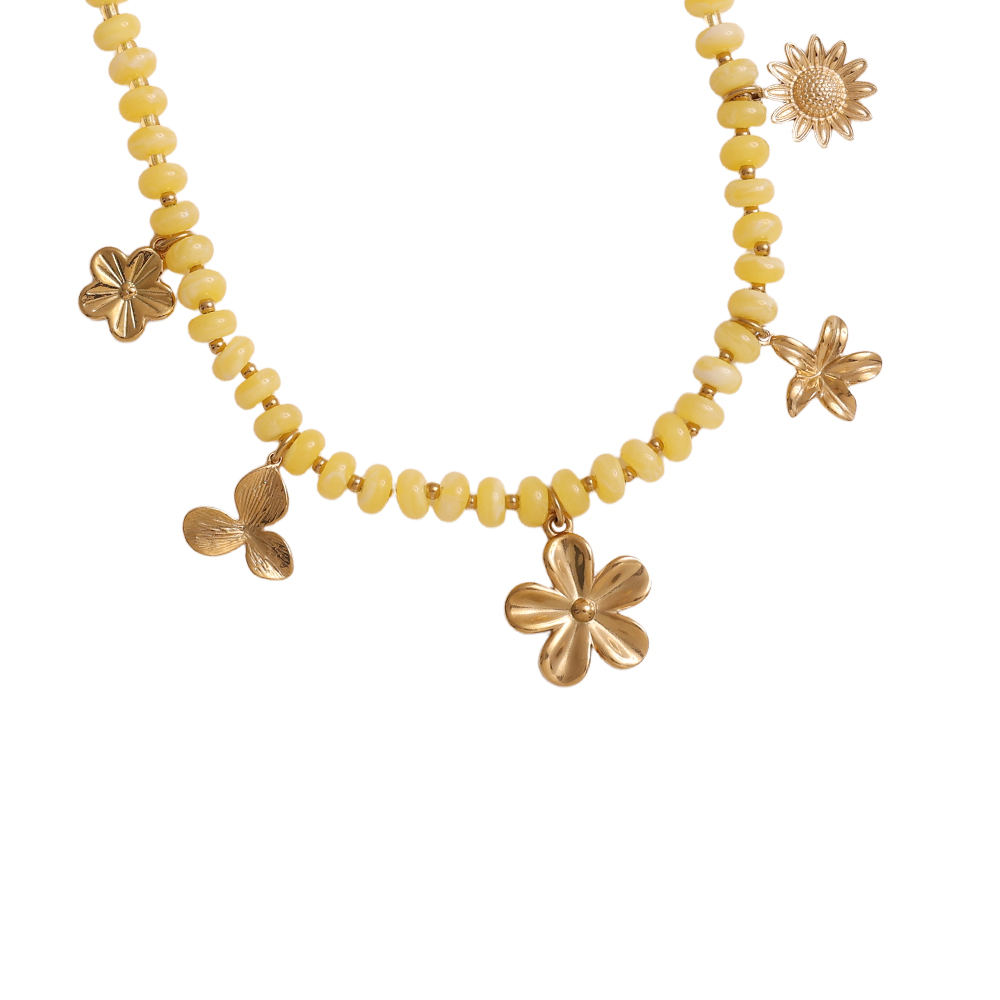 Stainless steel necklace 47cm small acrylic beads and golden flowers