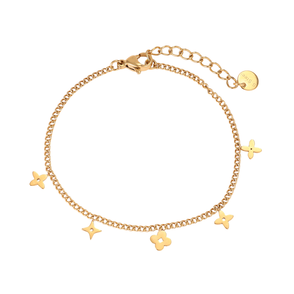 Stainless steel bracelet, 15 cm, featuring various four-leaf clovers