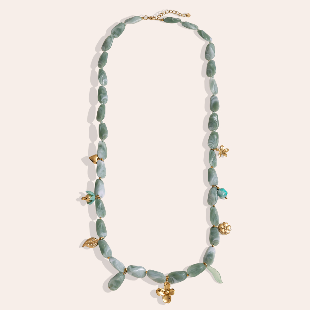 Stainless steel necklace 90cm elongated acrylic pieces and golden flowers