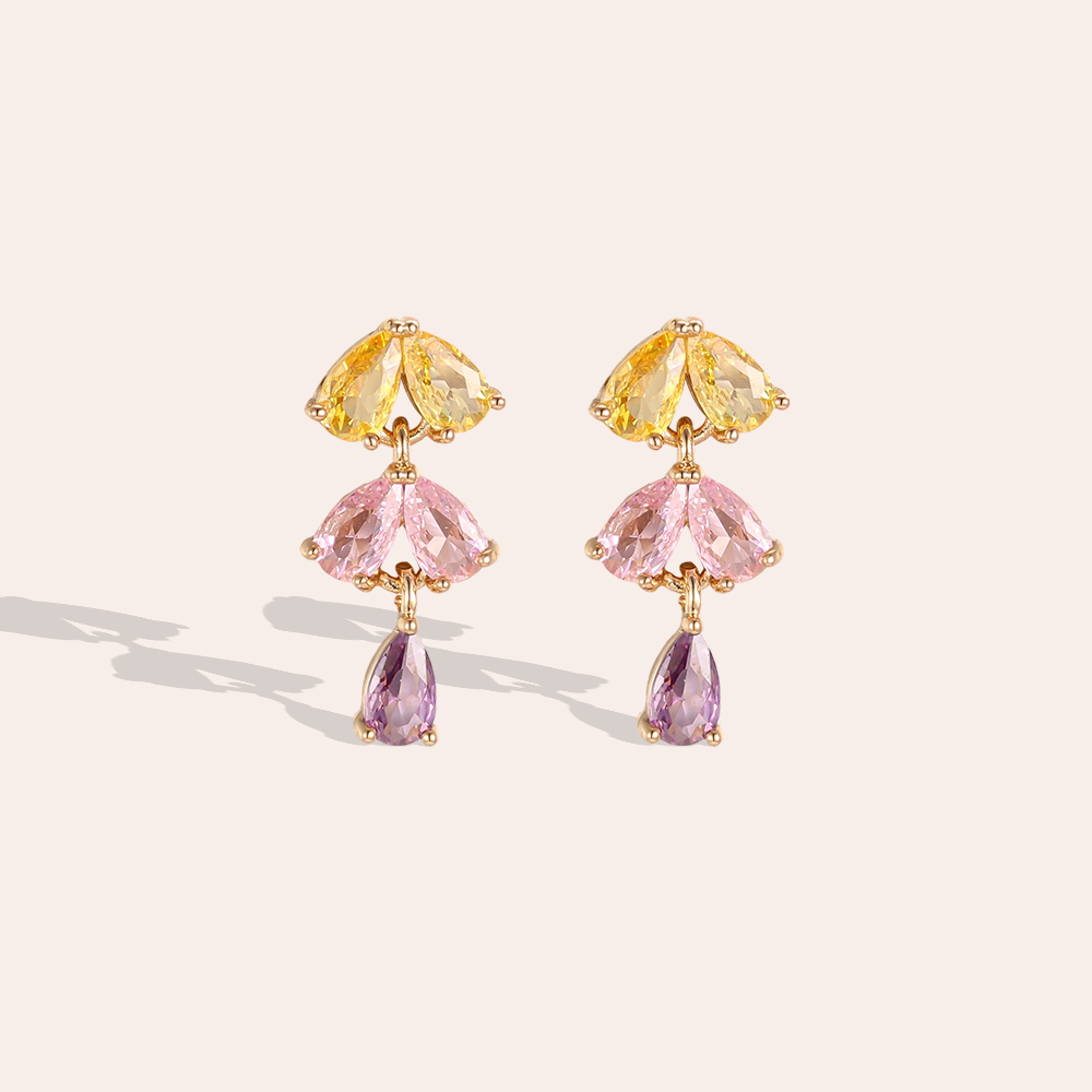 Gold-plated earrings, 18mm, with lots of teardrop-shaped cubic zirconia