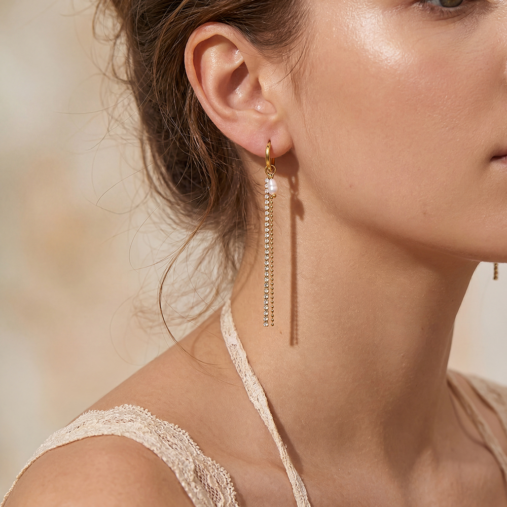 Stainless steel earrings, 91×12 mm, with pearls and a zirconia chain