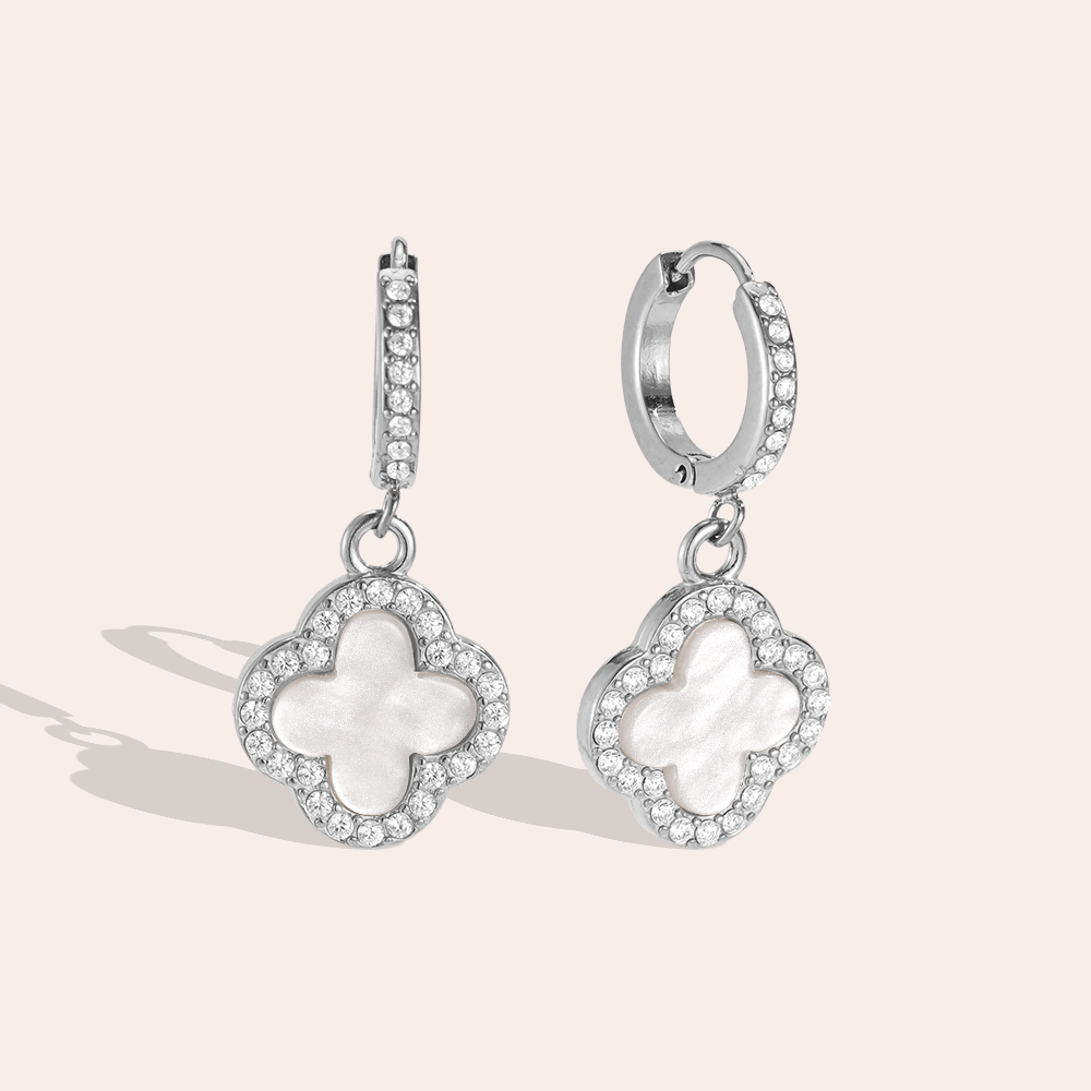 Stainless steel earrings, 25mm acrylic cloverleaf with a zirconia border