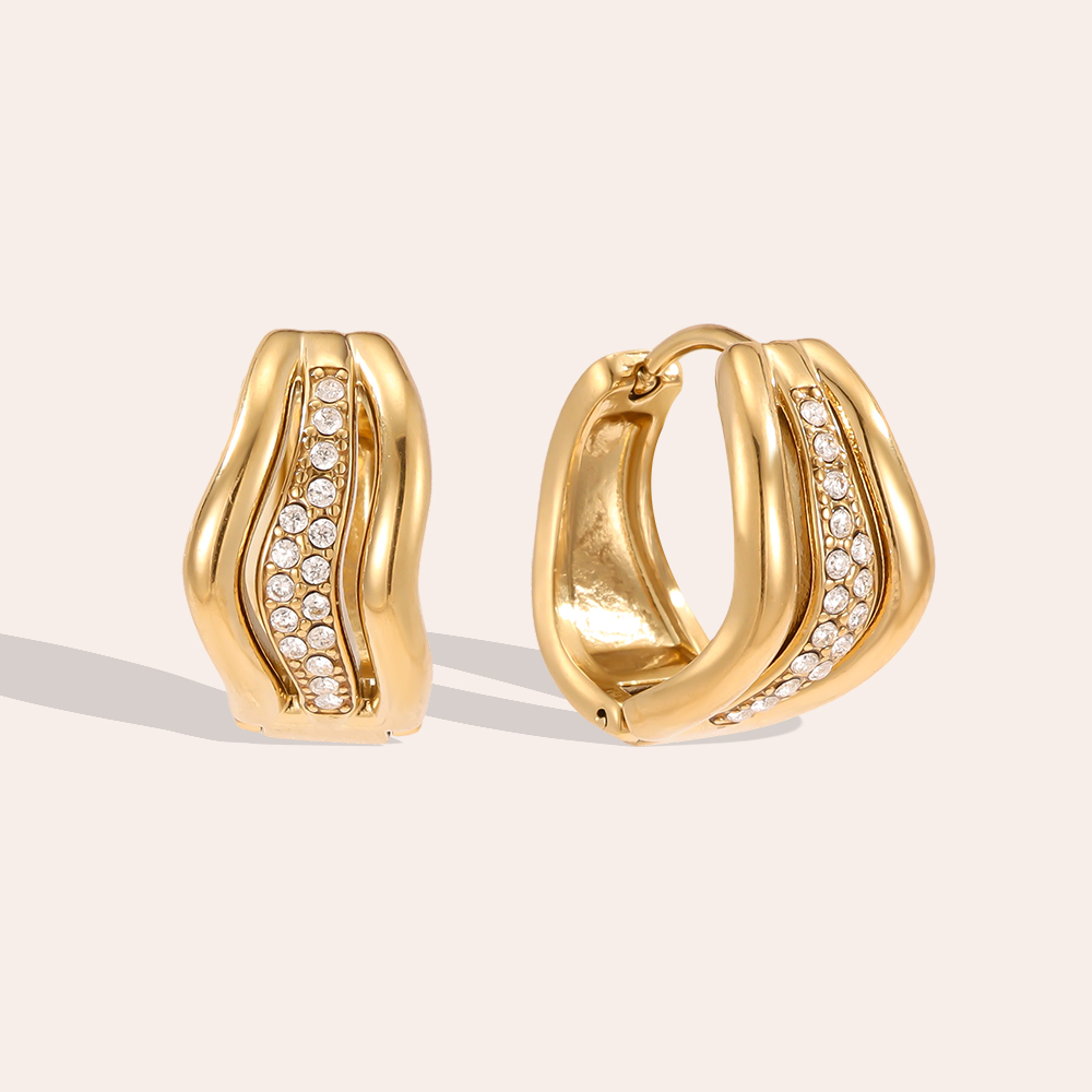 Stainless steel earrings, 15mm, wavy design, cubic zirconia  