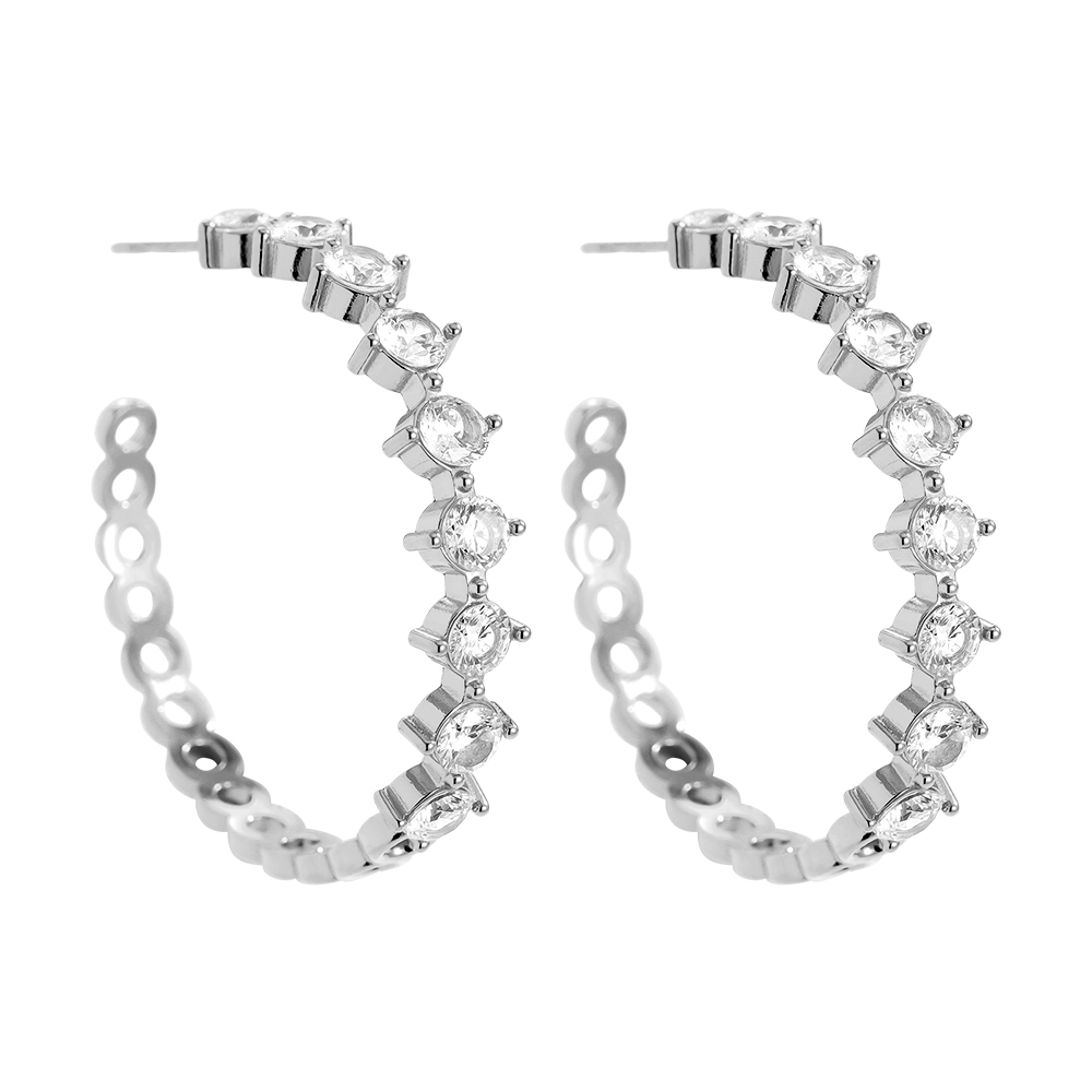Stainless steel earrings, 40mm, C-shaped cubic zirconia