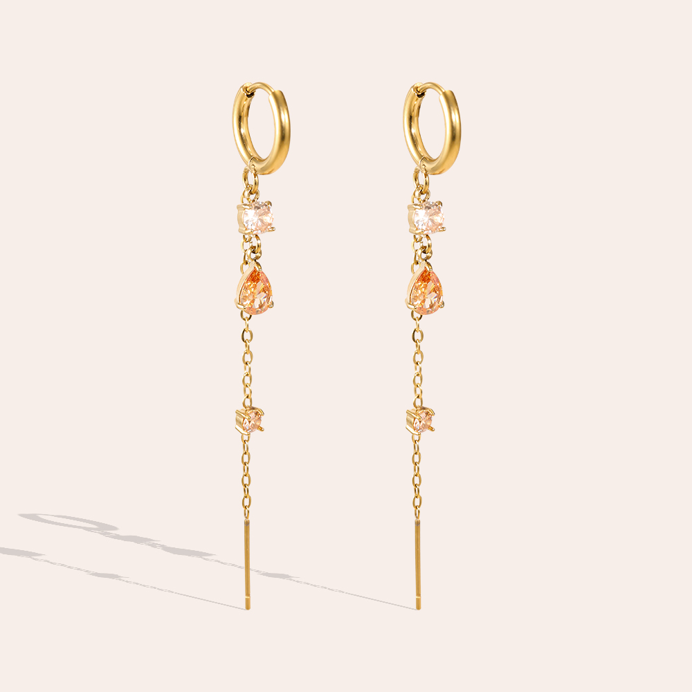 Stainless steel earrings, 68 × 12 mm, brown cubic zirconia with chain