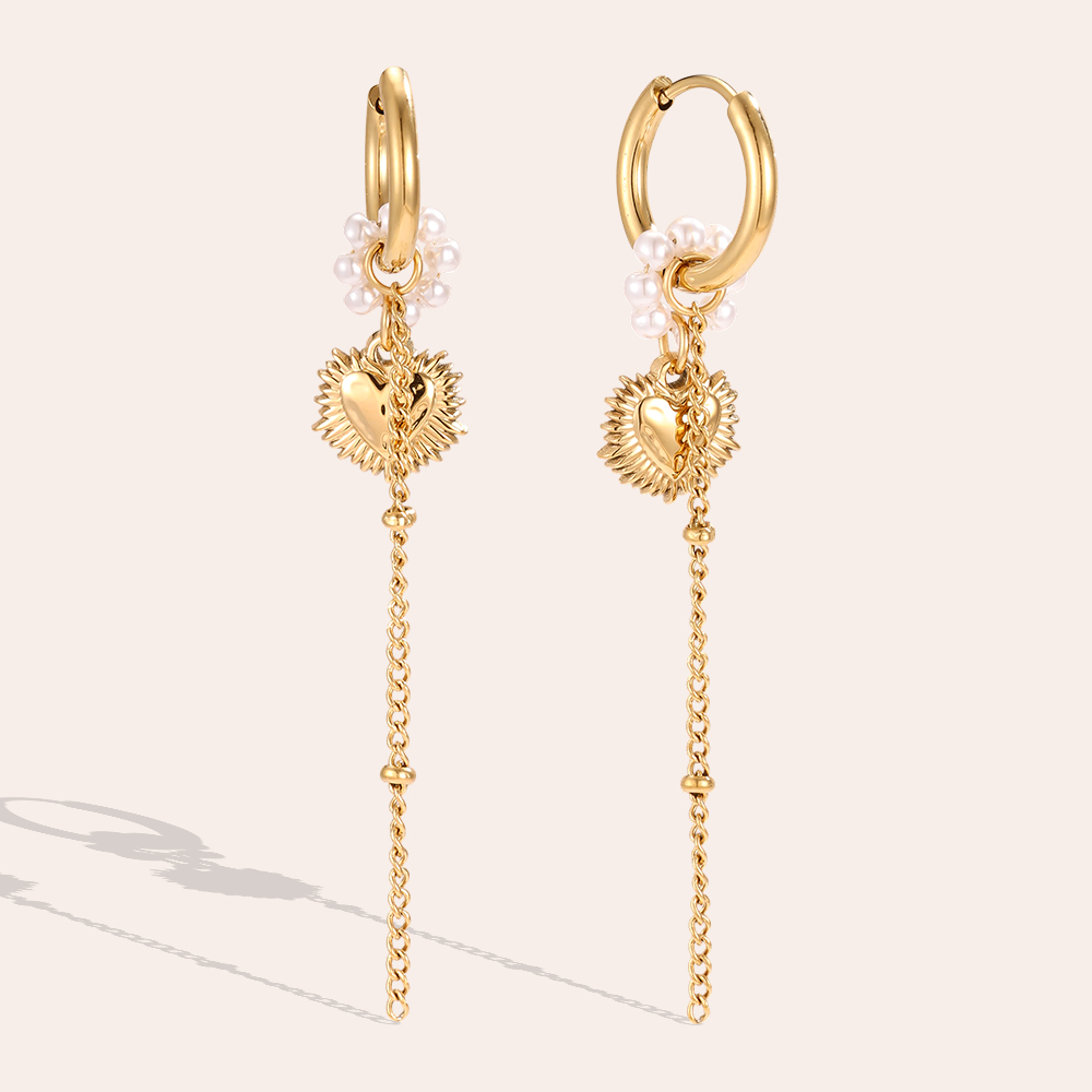 Stainless steel earrings, 59×14 mm, heart and pearl hoop earrings