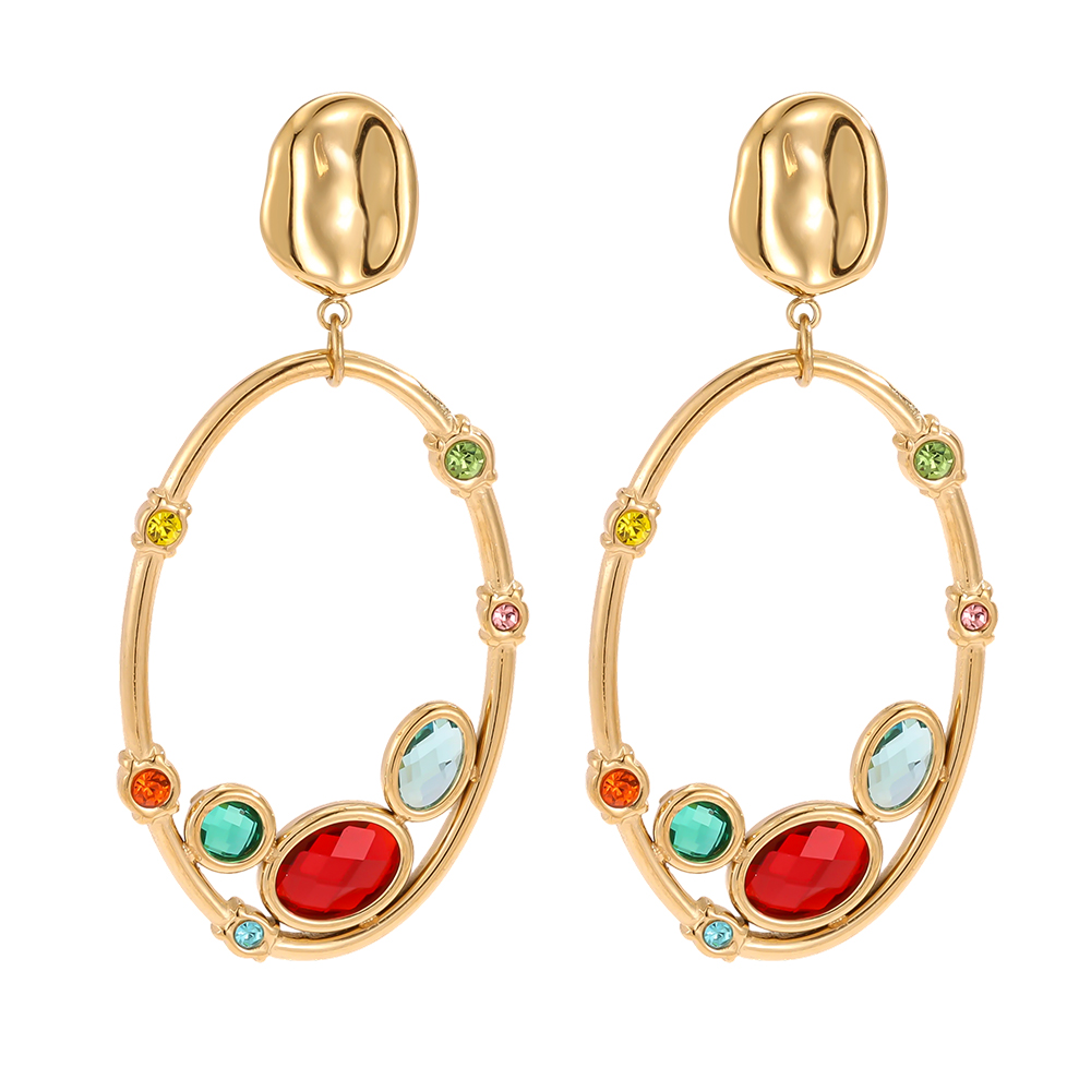 Stainless steel earrings, 46 × 23 mm, loop design, multicoloured cubic zirconia