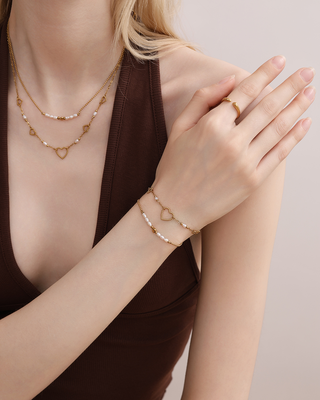 Stainless steel bracelet, 17 cm, with a pearl and a heart