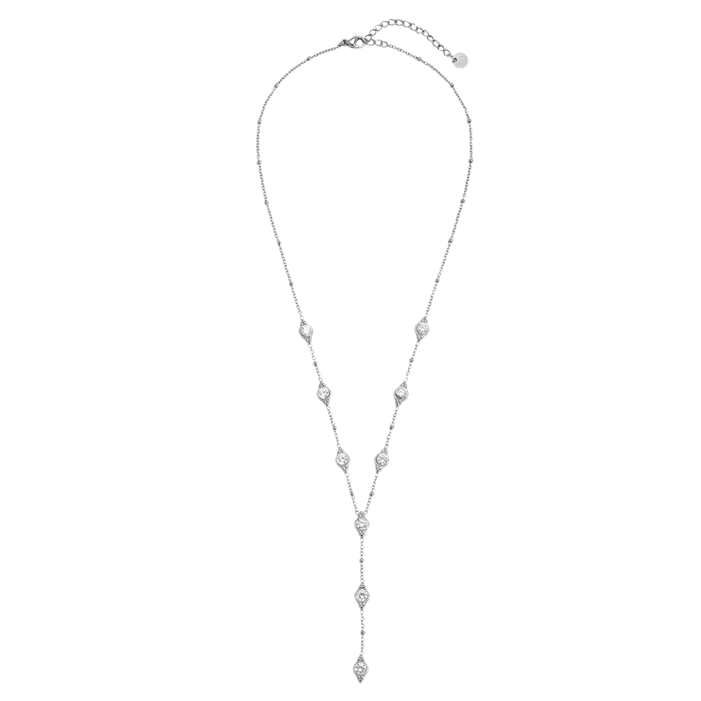 Stainless steel necklace, 41 cm, with several sparkling round cubic zirconia stones