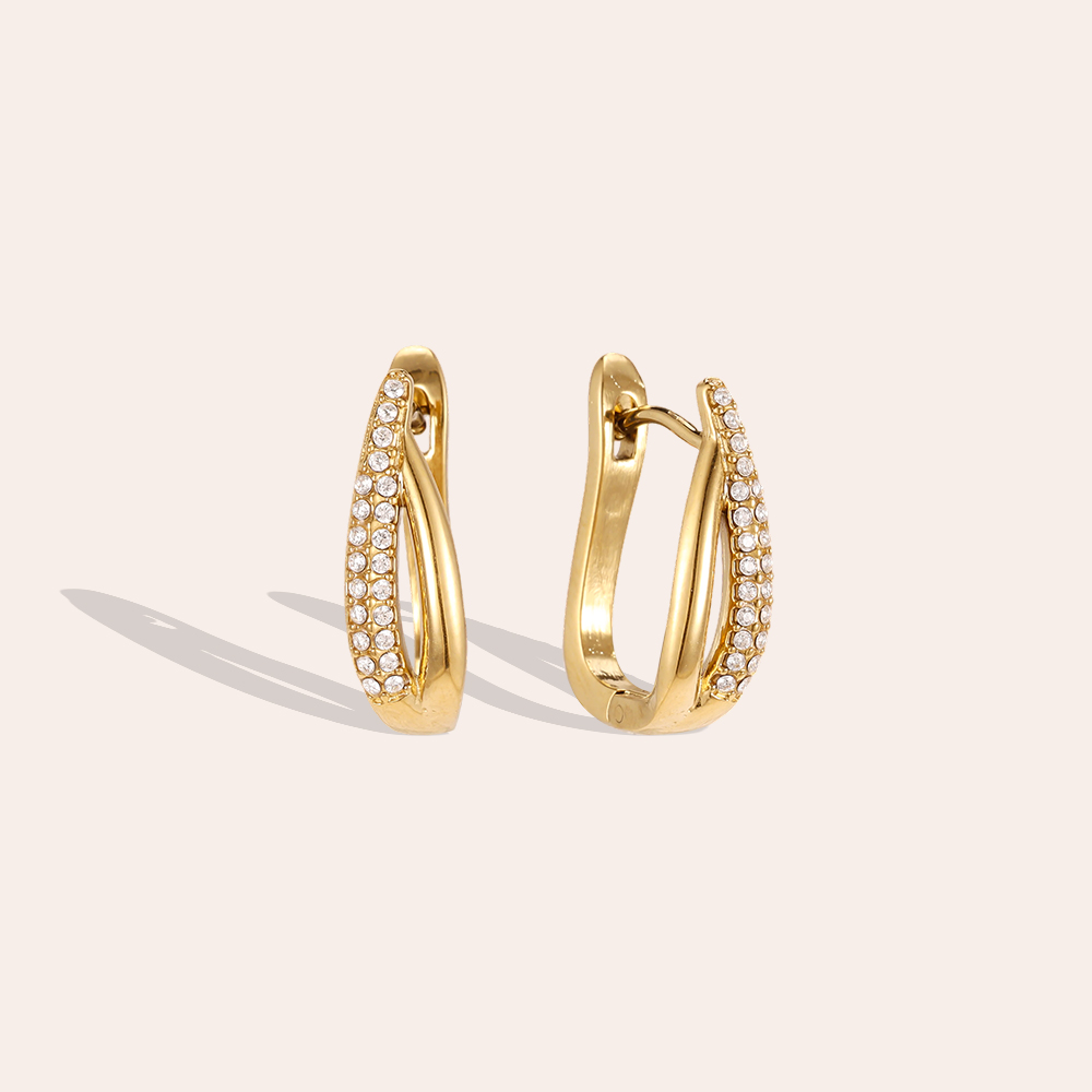 Stainless steel earrings, 18mm, wavy design with rhinestones