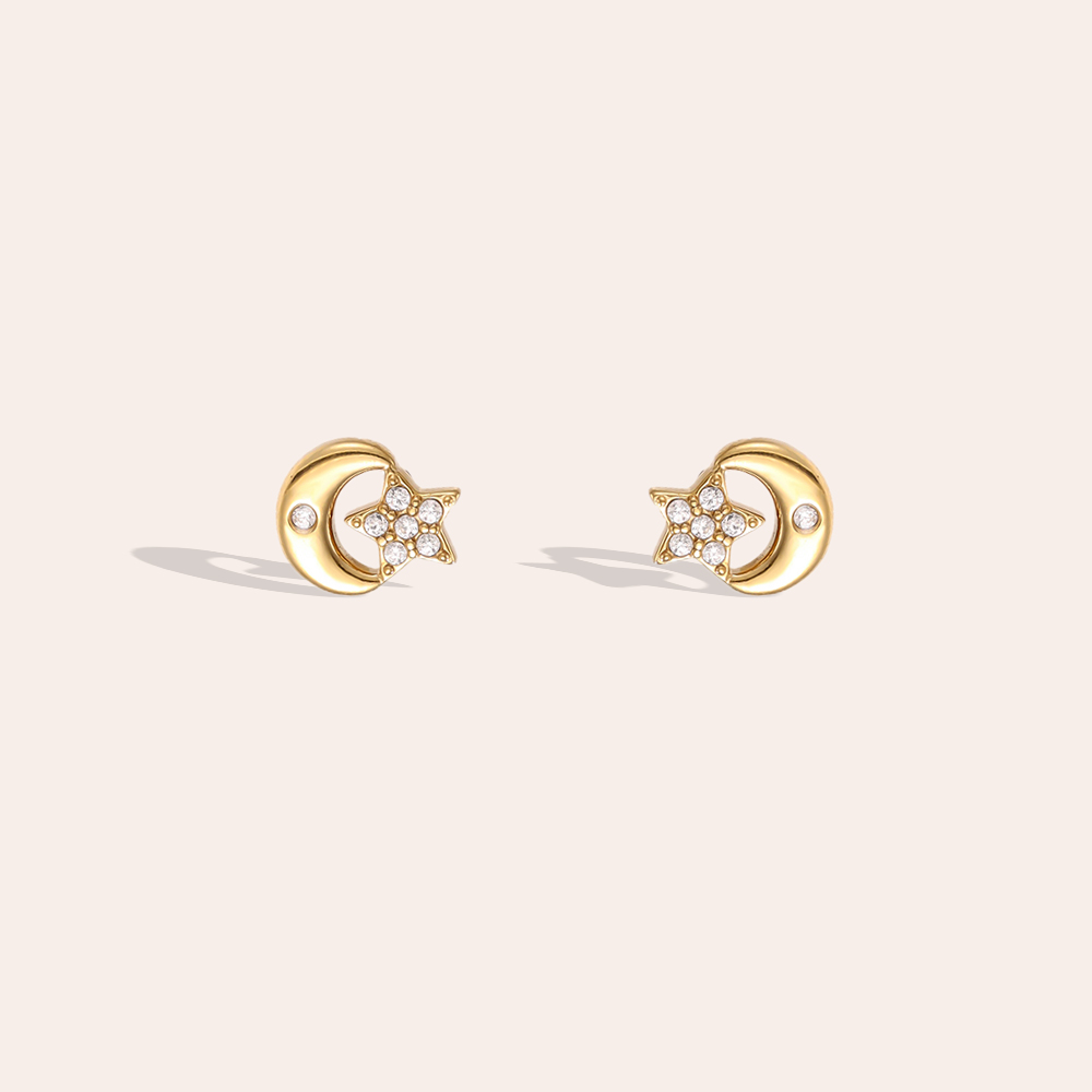 Stainless steel earrings, 7mm, with zirconia stars and moons