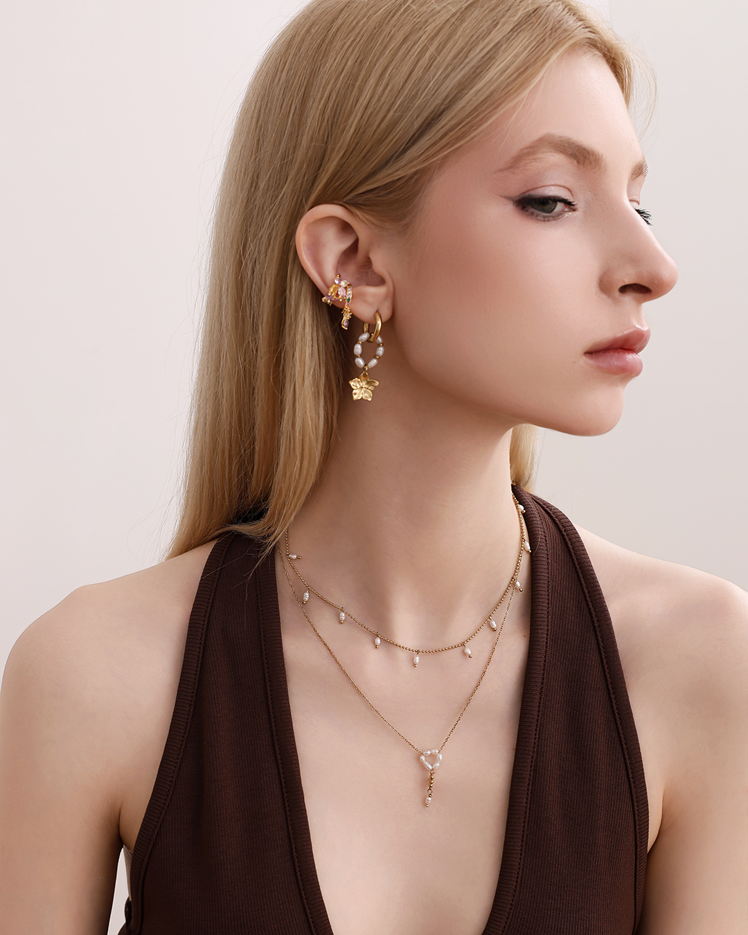 Stainless steel necklace, 42cm, with lots of small beads