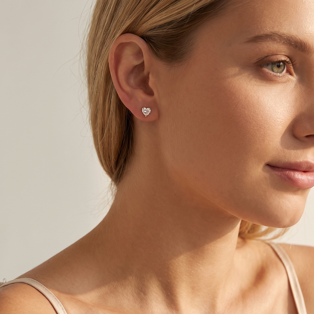 Stainless steel earrings, 5.8 mm, cubic zirconia, heart-shaped