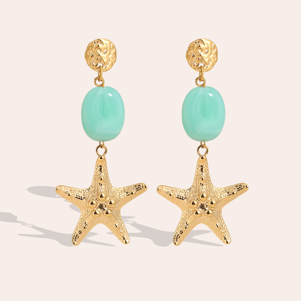 Stainless steel earrings 7cm large starfish and green acrylic
