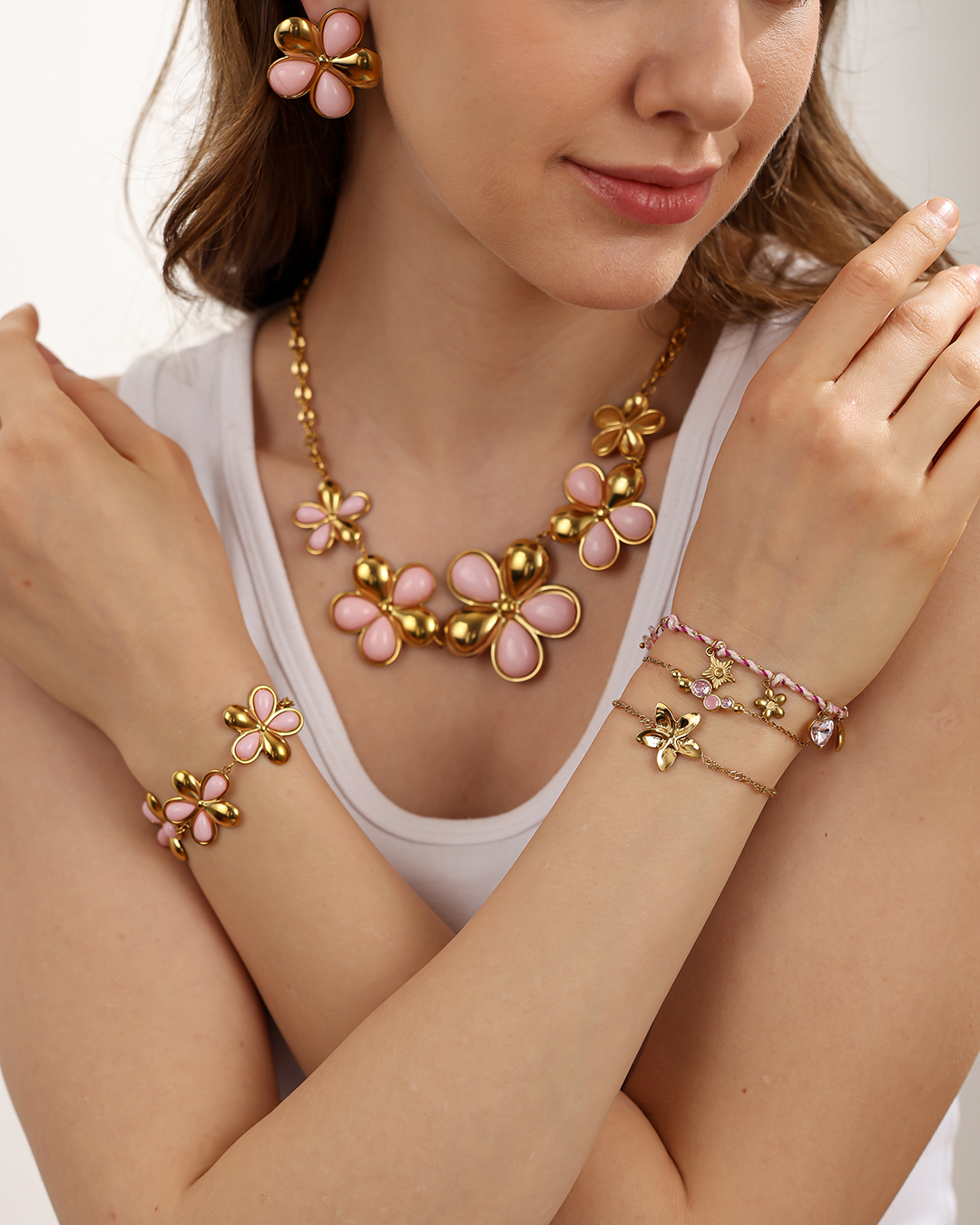 Stainless steel bracelet 17cm pink flower
