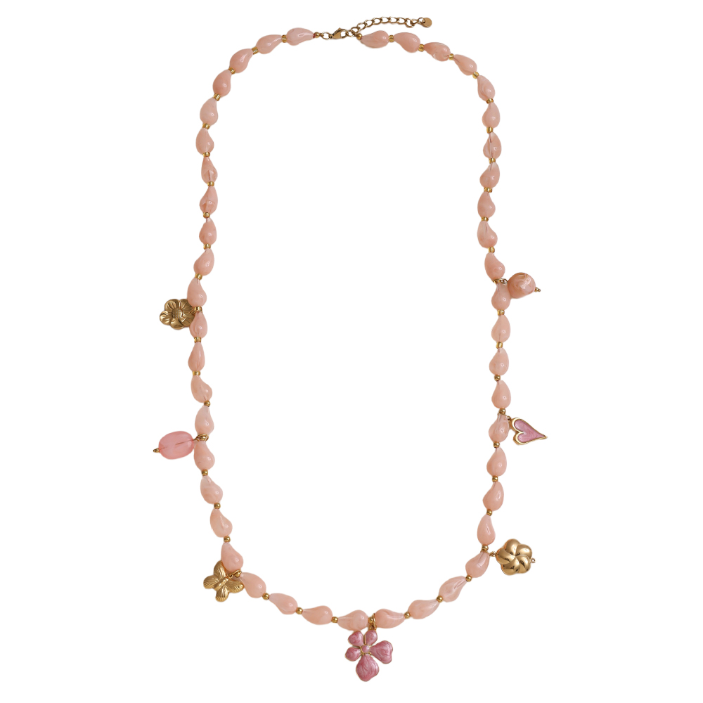 Stainless steel necklace 89cm necklace with resin drops and golden butterfly, flower, heart