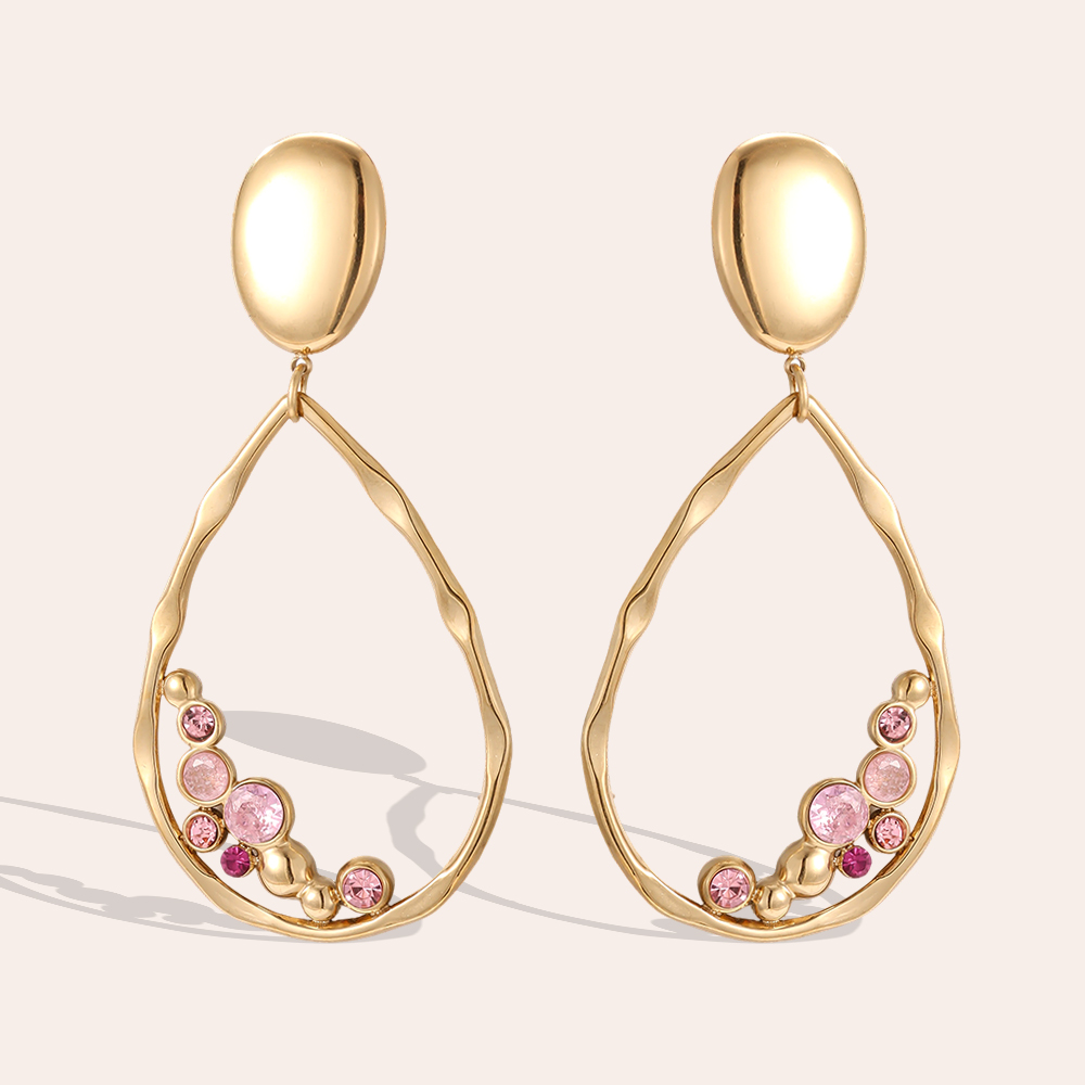 Stainless steel earrings, 65 × 30 mm, loop design, cubic zirconia
