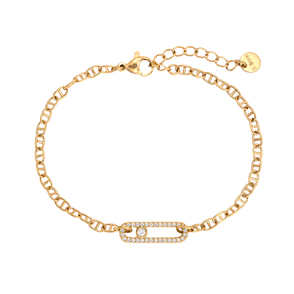 Stainless steel bracelet, 17 cm, square-cut zirconia