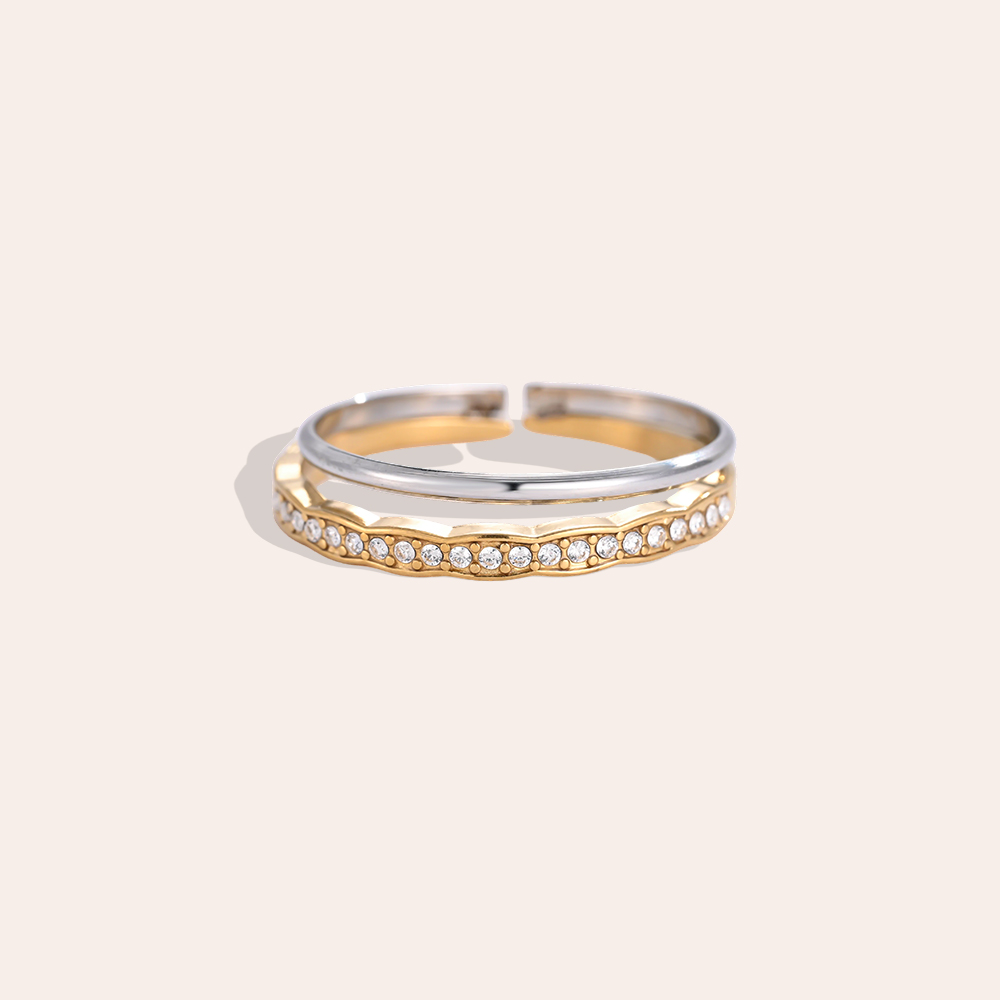 Stainless steel ring, adjustable, two-tone double ring, subtle wave design with small cubic zirconia stones  