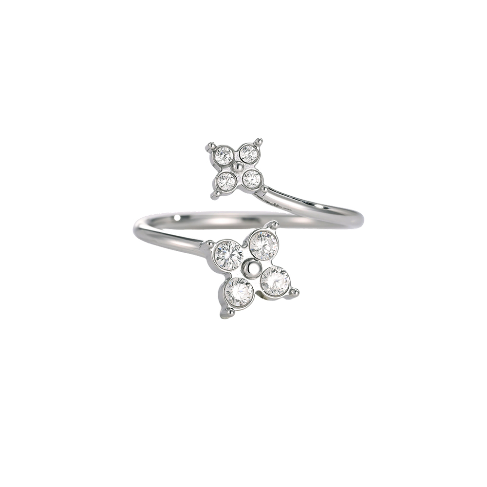 Stainless Steel Adjustable Double Cloverleaf Zirconia Ring 