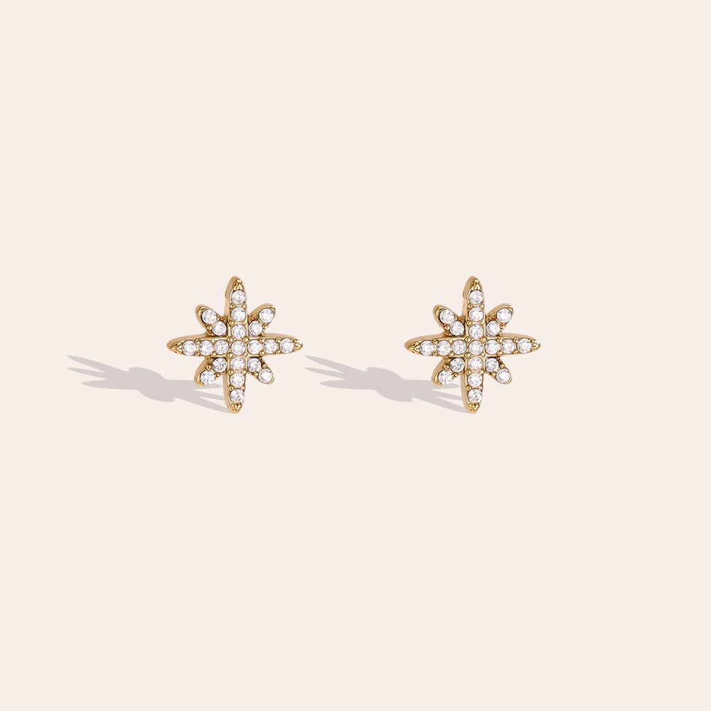 Stainless steel earrings, 10 mm, cubic zirconia, eight-pointed star