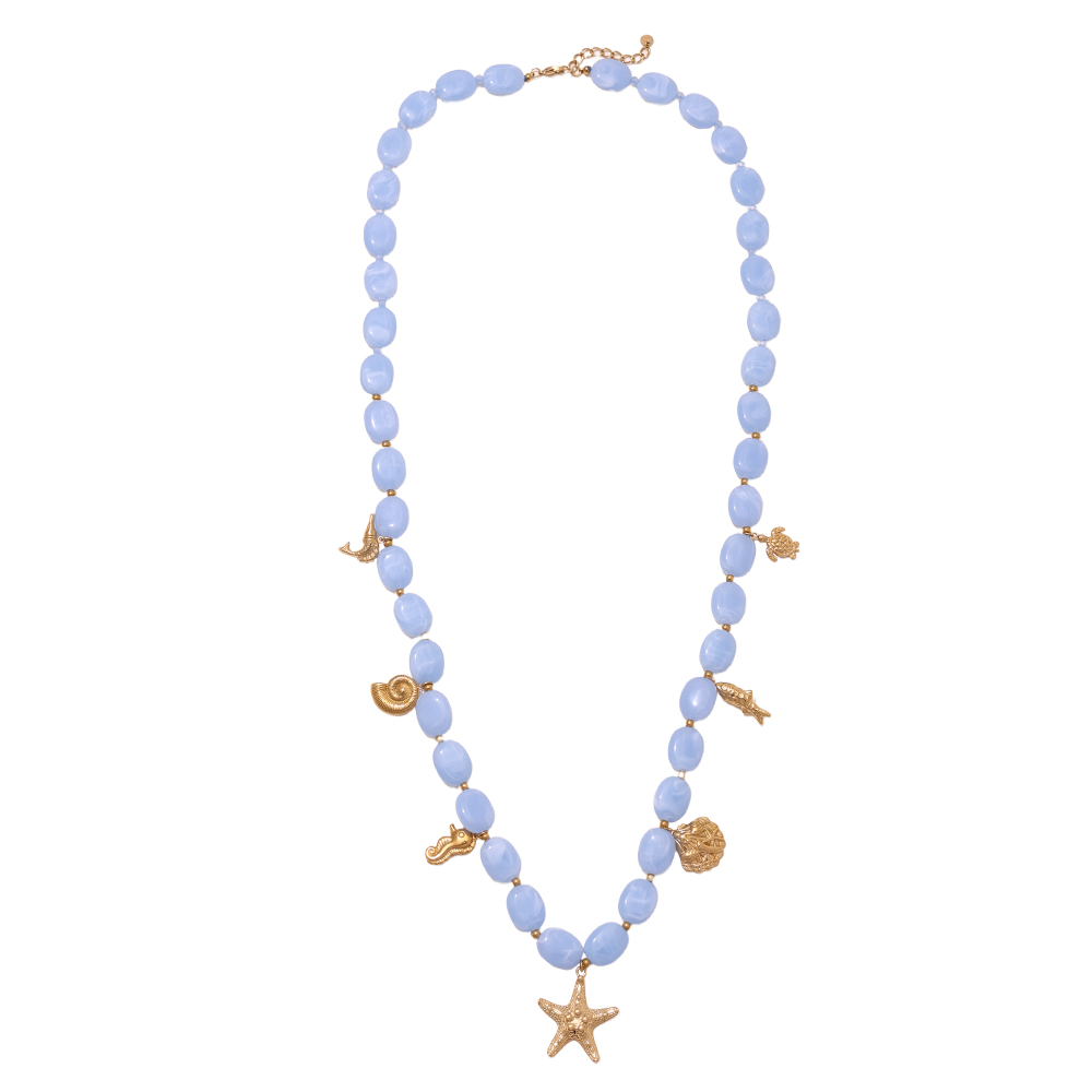 Stainless steel necklace 94cm acrylic ball and golden sea creatures 