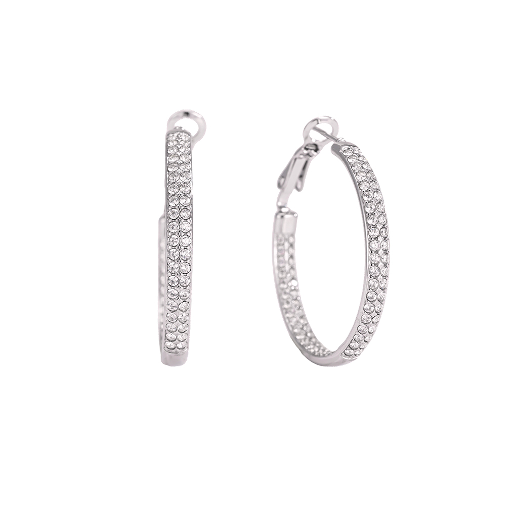 Stainless steel earrings, 32 mm, double-row, cubic zirconia