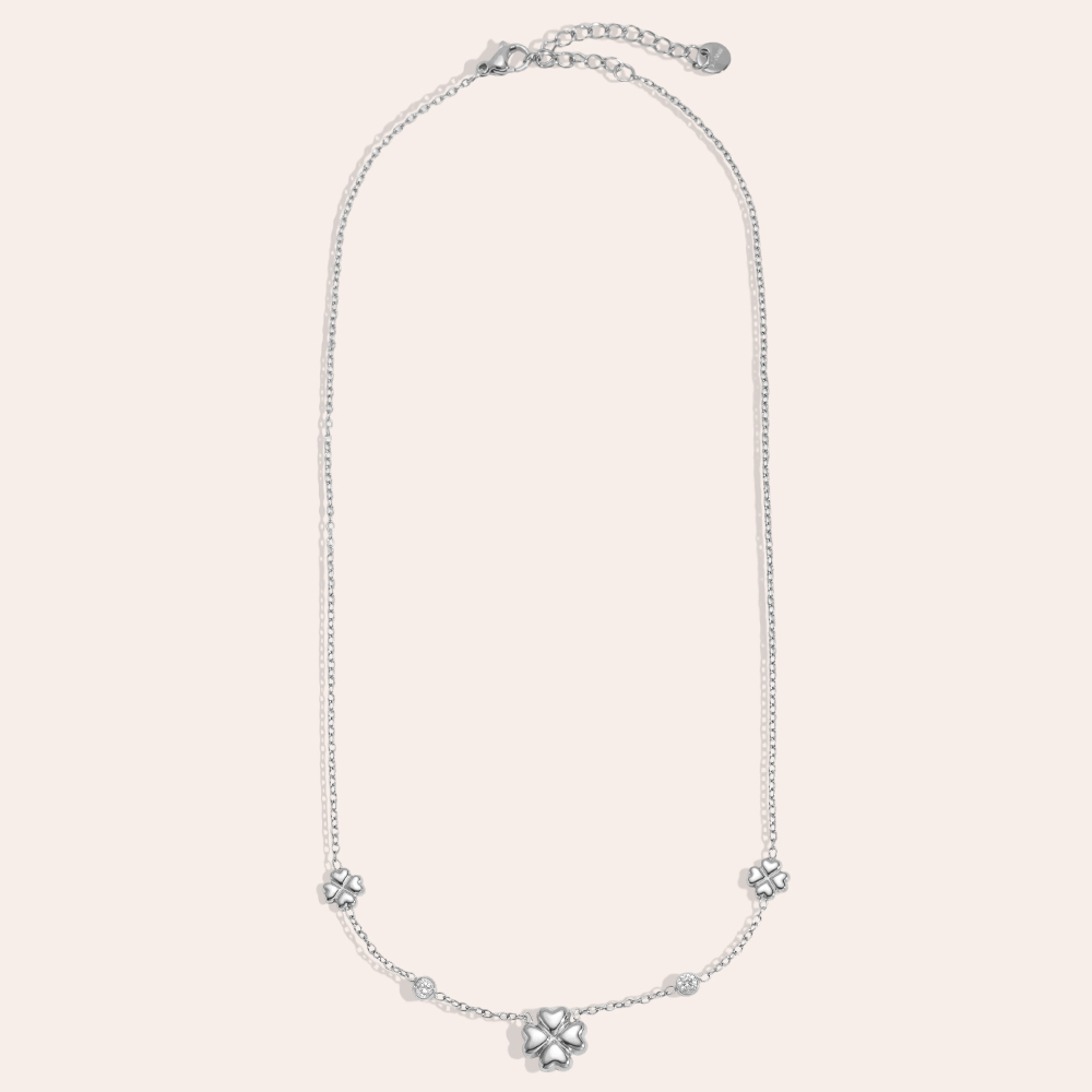 Stainless steel necklace, 41cm, four-leaf clover with zirconia dots