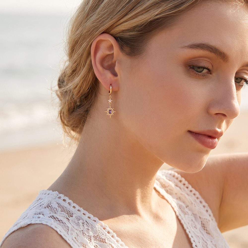 Gold-plated earrings, 36mm, purple zirconia