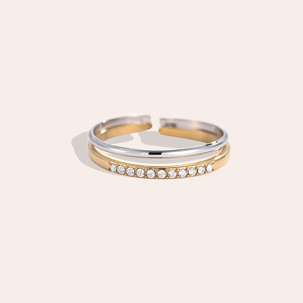 Stainless steel ring, adjustable, two-tone double ring with small cubic zirconia stones