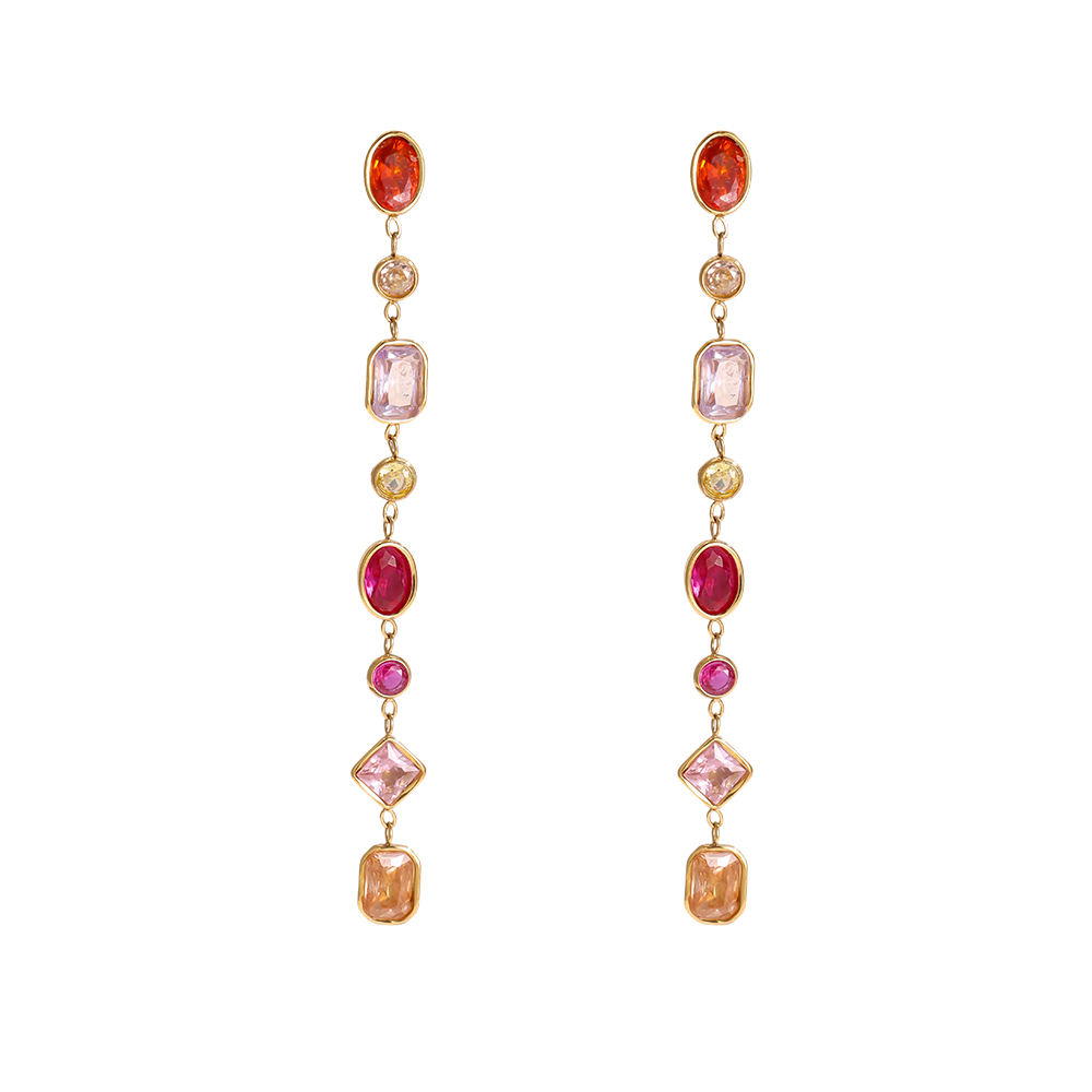 Stainless steel earrings, 7 × 0.7 mm, colourful rhinestones in various shapes