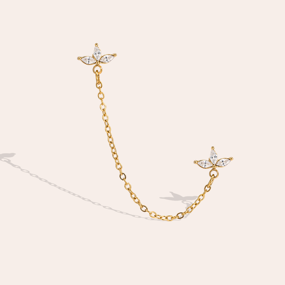 Stainless steel earrings, 60mm leaf-shaped cubic zirconia with chain  