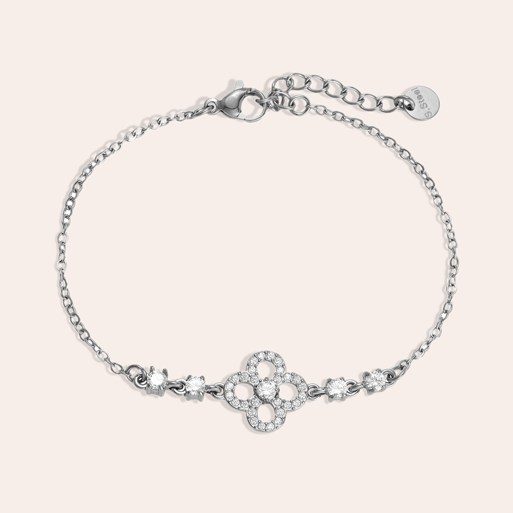 17cm stainless steel bracelet with filigree zirconia cloverleaf