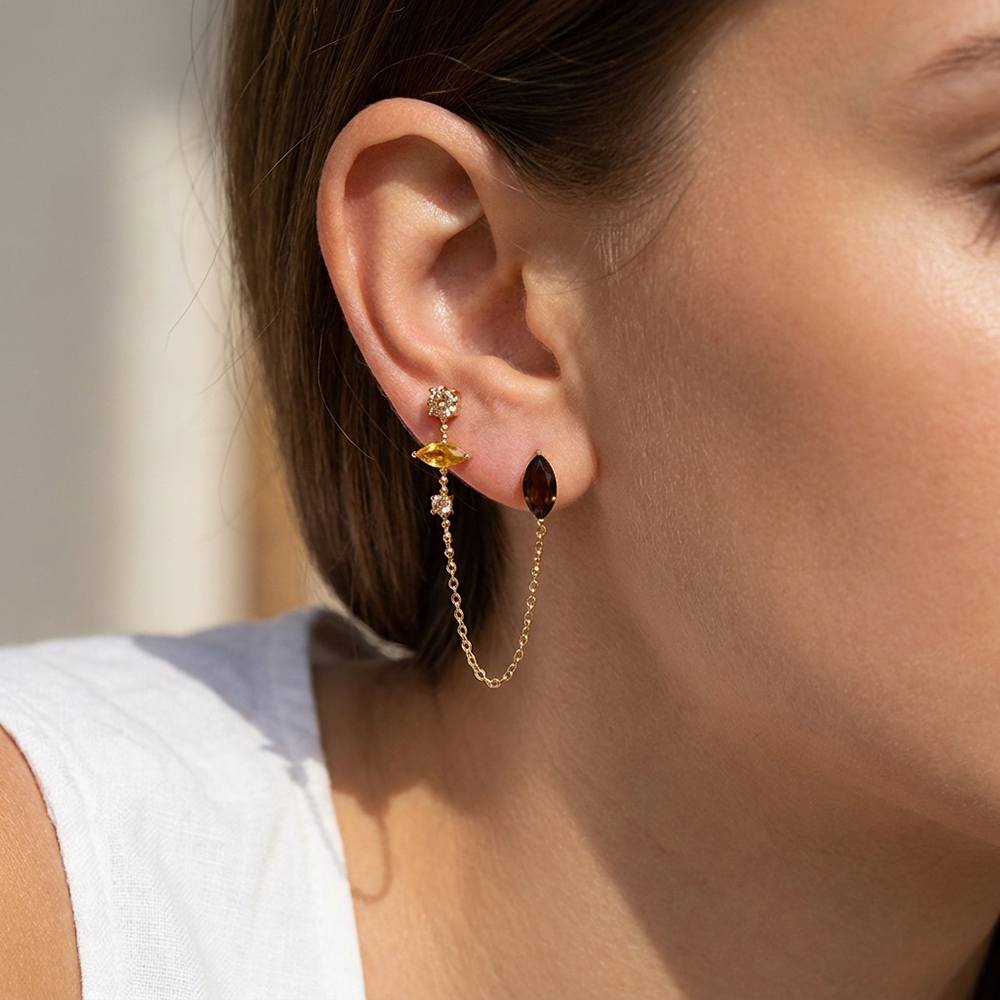 Stainless steel earrings, 20×35 mm, brown cubic zirconia with chains  