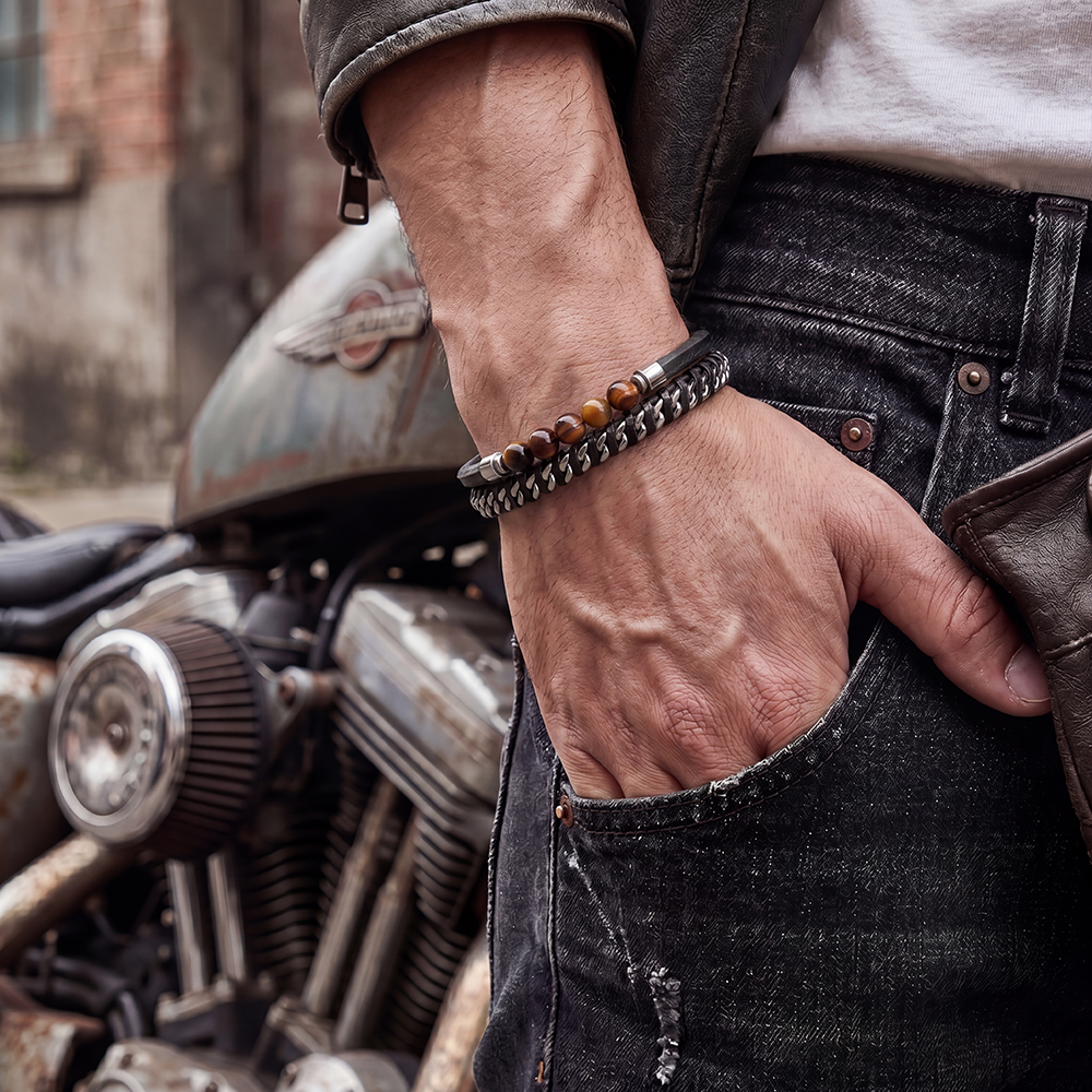 Stainless steel bracelet with PU multi-strand chain and natural stone