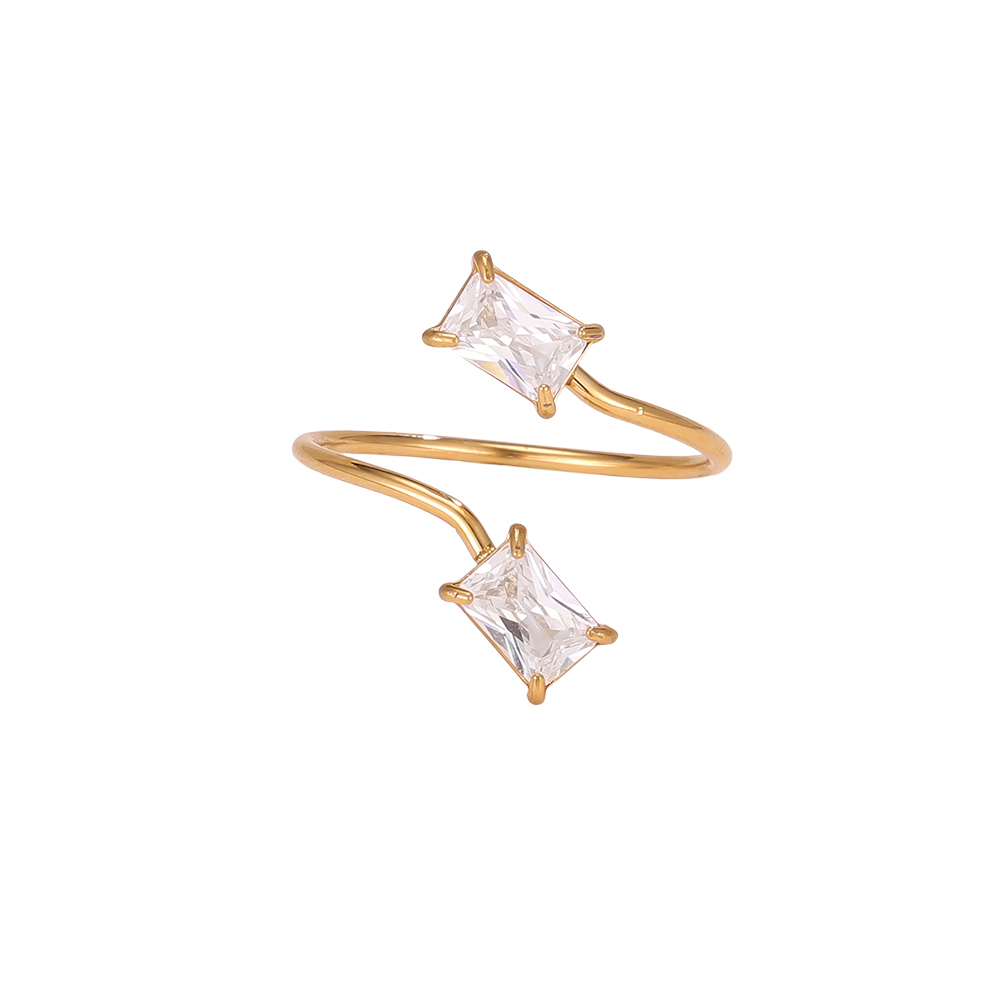 Stainless steel ring, adjustable, with two rectangular zirconia stones