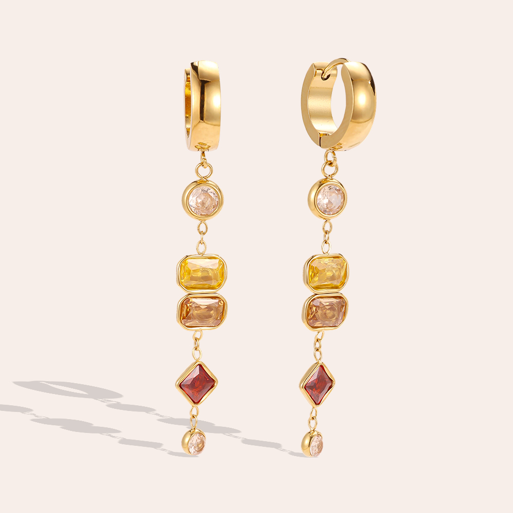 Stainless steel earrings, 56 x 14 mm, with cubic zirconia in shades of brown