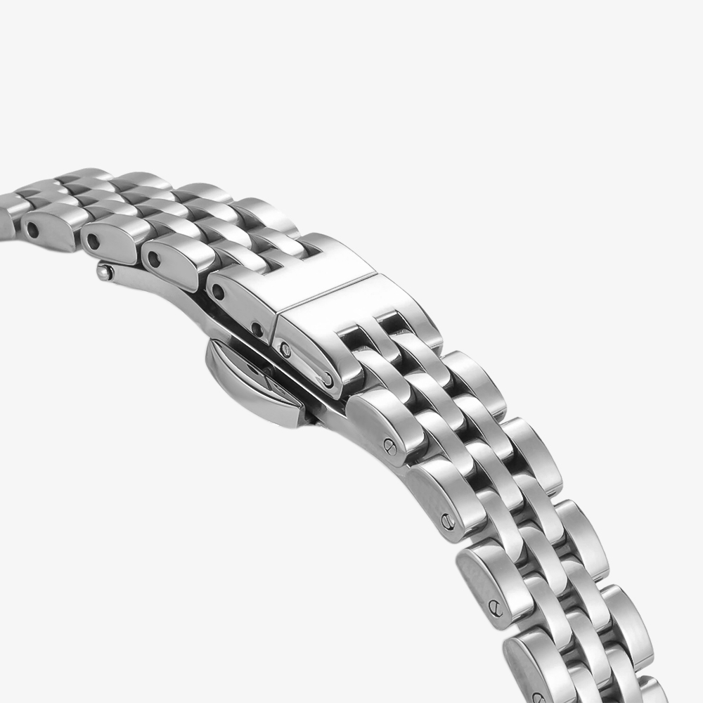Round stainless steel watch with mother-of-pearl dial