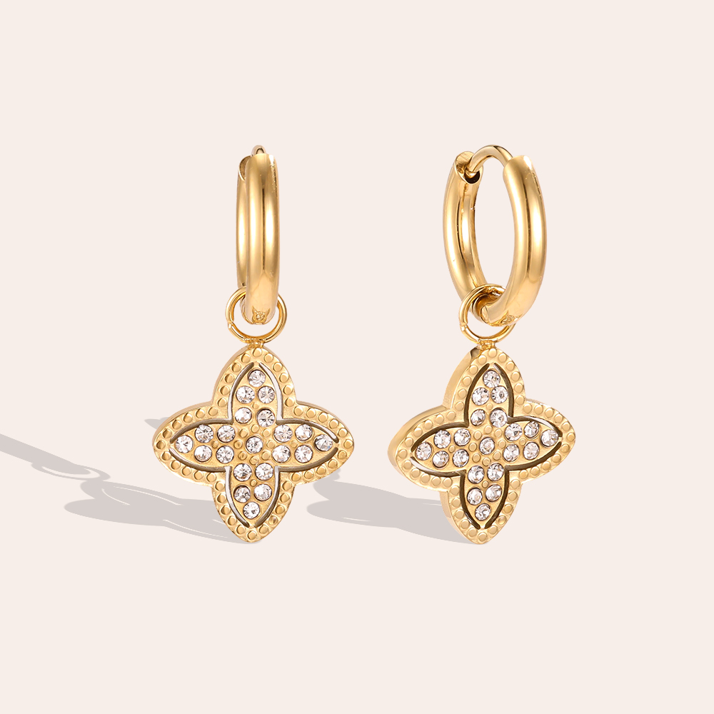 Stainless steel earrings, 25×13 mm, cubic zirconia, four-leaf clover design