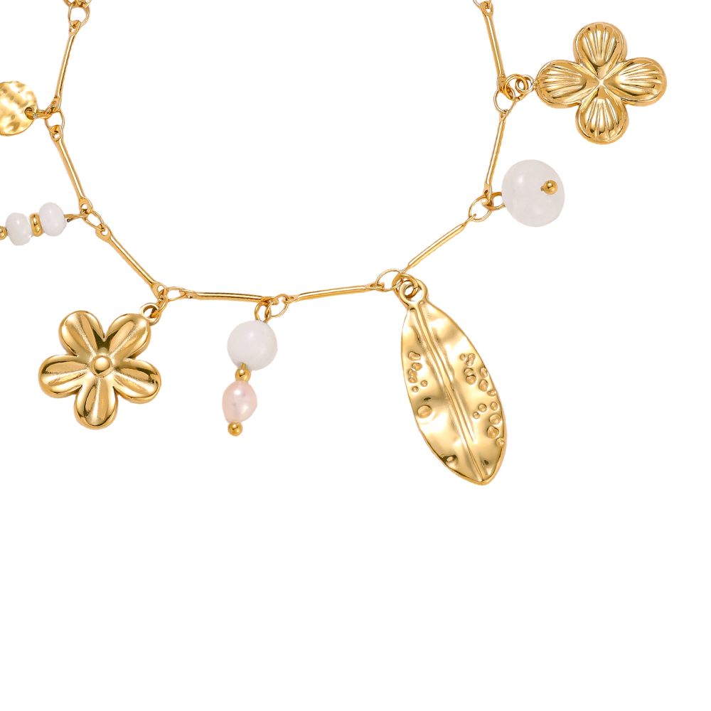 Stainless steel bracelet, 17 cm, with pearls, flowers and leaves